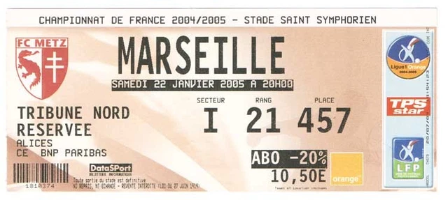 Billet Match OM – FCGB Vs OM – Olympique De Marseille – Original Avec Facture