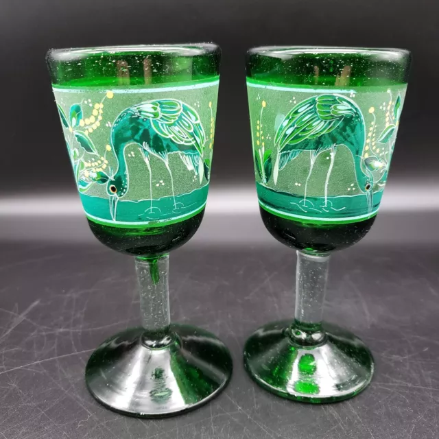 Set of 2 Artisan Hand Blown and Hand Painted Stemmed Green Glass Clear Stem