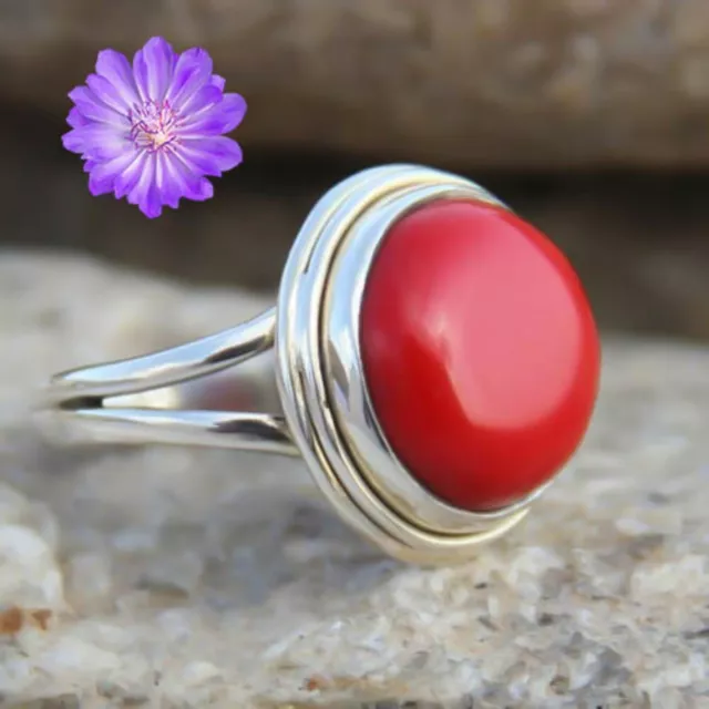 Corail Rouge Pierre Précieuse 925 Argent Bague Bijou En Tout