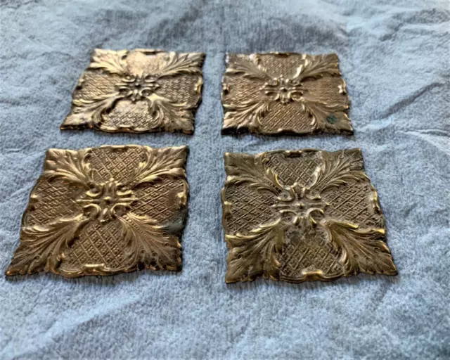Vintage Raw Brass Stamped Square Onlays - Set of 4