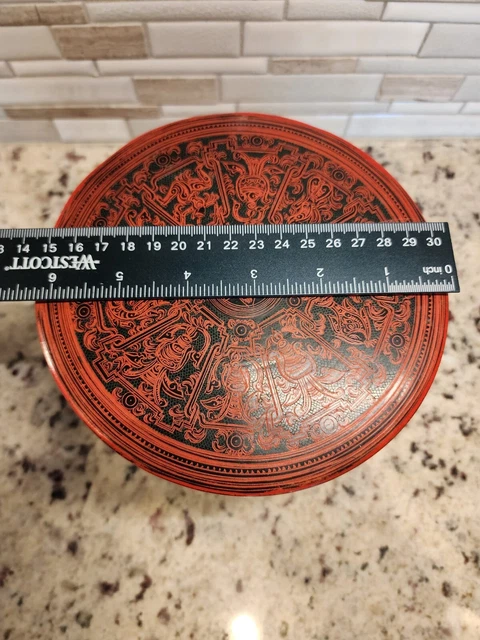 Burmese Asian Orange Lacquer Betel Nut Box RARE Zodiac and Maker Inscription 17
