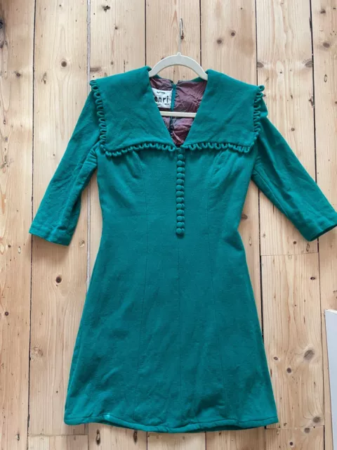 Vintage 1960s Green Sailor Collar Dress Button Up Mini Green 8 10 S Crepe Henri