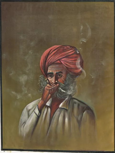 Fait à la Main Indien Art Peinture Un Vieil Homme Fumer Hookah 30.5x36.8cm 2