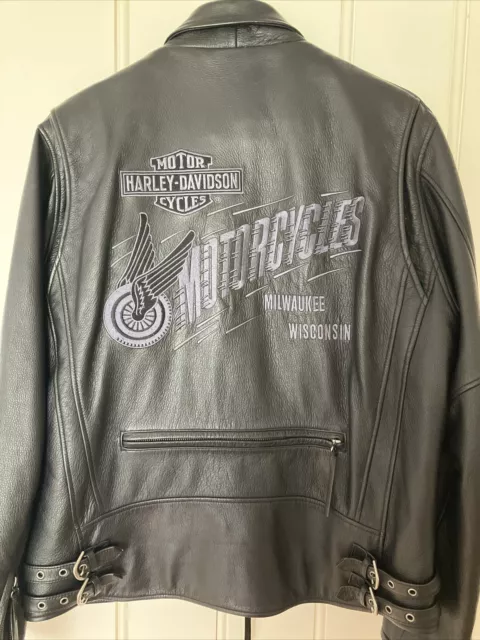 Mens Harley Davidson Classic Black Leather Motorcycle Jacket with Embossed Logo
