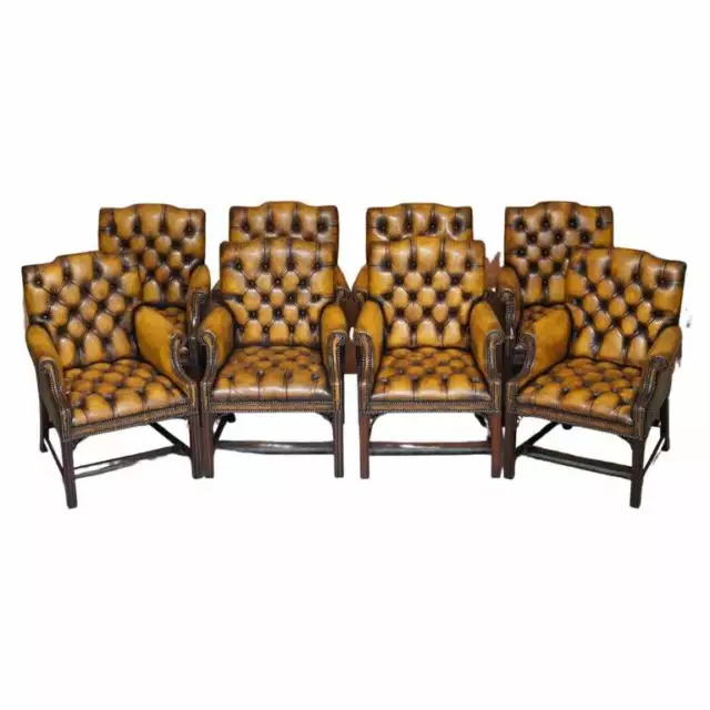 Eight Restored Brown Leather Thomas Chippendale Chesterfield Club Armchairs 8