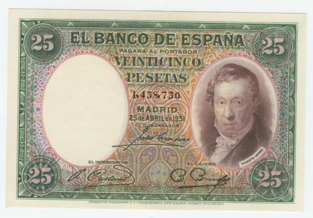 Spain España 25 Pesetas 25-4-1931 Pick 81 XF++ Circulated Banknote