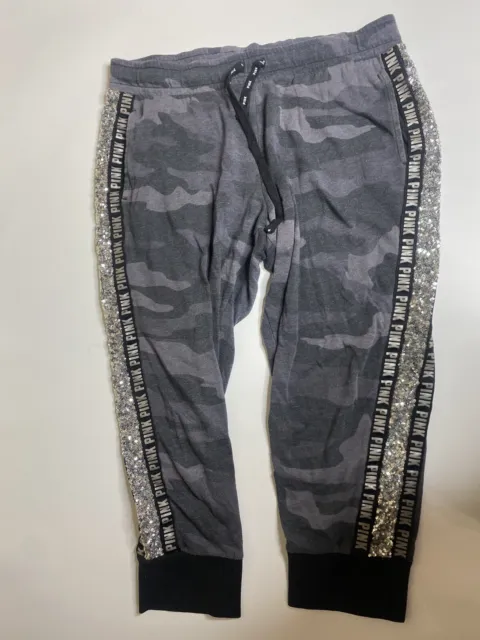 PINK Victoria's Secret Bling/Sequin Gray Camo Sz L Jogger Sweatpants Capri FLAW