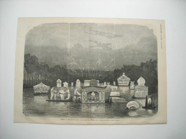 Gravure 1873. Amiens.  Fete De Nuit Donnee Bassin De La Hotoie Par La Societe Du