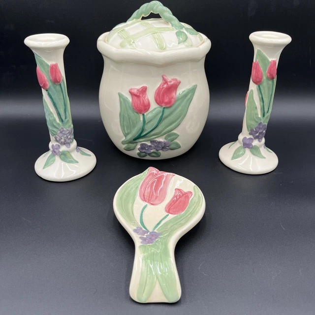 Vintage Pink Tulip Garden Party by Treasure Craft Lot Of 4 Cnstr,cndl, Spoonrest