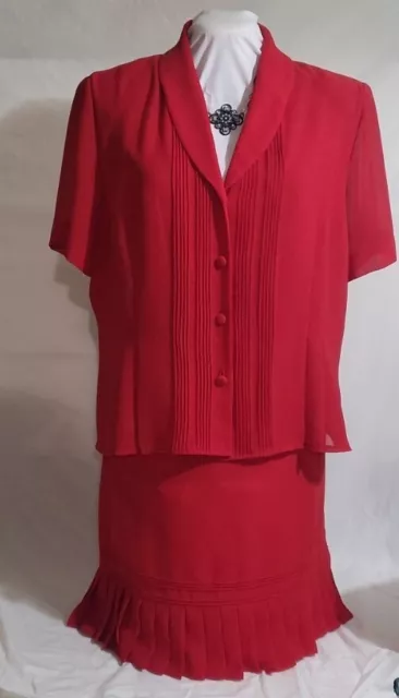 Danny & Nicole 2PC Red Sheer Chiffon Skirt Suit 3/4 Sleeve Size 18