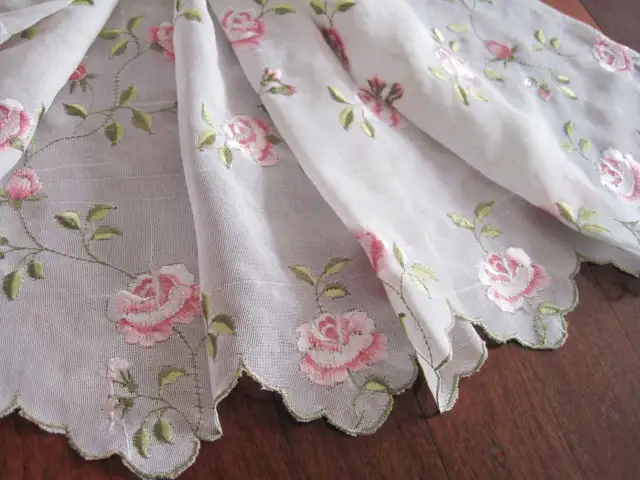 Beautiful Pink Rose Embroidery Green Brim Sheer Cafe Curtain 150CM