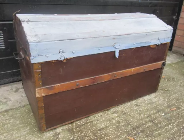 Large Antique Vintage Steam Trunk Bentwood Luggage Chest project iron handles