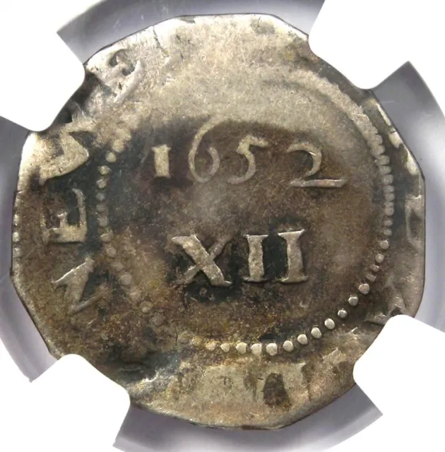 1652 Massachusetts Oak Tree Silver Shilling 1S - NGC Certified / Clipped - Rare!