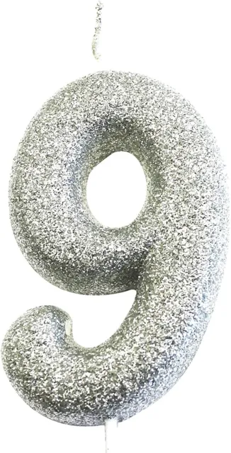 Age 9 Birthday Glitter Numeral Pick Candle Silver with Holders