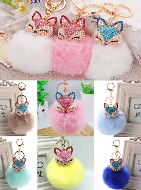 Pom Pom Ball Crystal Furry Fox Key Chain Ring Purse Backpack Charm Free Gift Bag