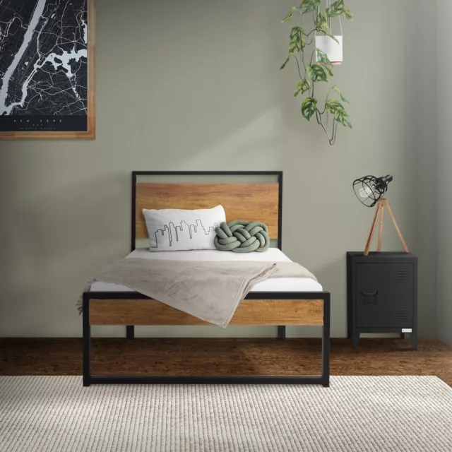 Lit en métal noir rustique avec sommier à lattes tête de lit en bois 90x200 cm