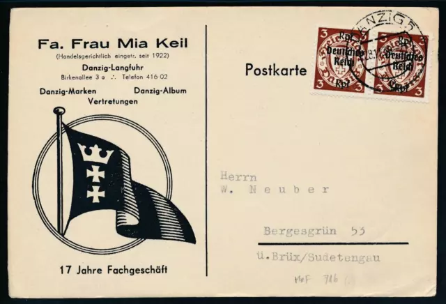 Deutsches Reich DR Mi 716 Postkarte MeF waagerechtes Paar 1939 Danzig