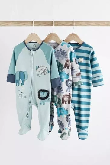 BNWT Baby Boys Next Sleepsuits Babygrows Double Zip 3 Pack 3-6 Months Blue