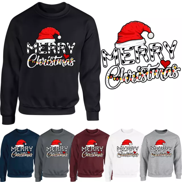 Merry Christmas Mens Sweatshirt Xmas Santa Hat Lights Hearts Novelty Gift Jumper