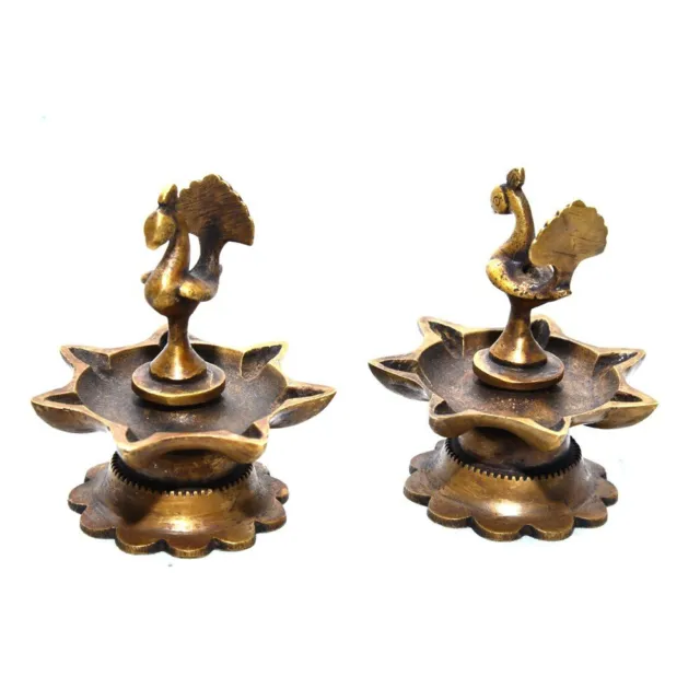 Indian Traditional Peacock Design Brass Diya For Pooja & Home Decor Pack Of 2