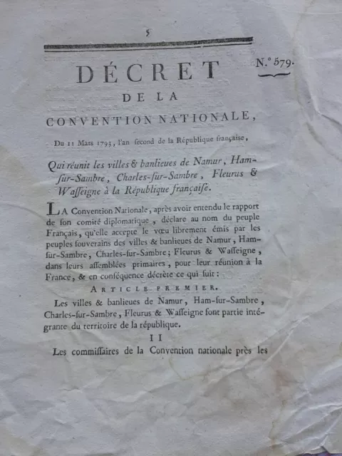 Decret Convention Nationale - Fleurus, Namur Réunis A La République