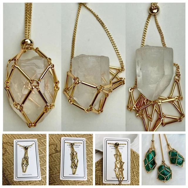 Copper Crystal Net Metal Necklace Gold Color Stone Holder Necklace  Women Men
