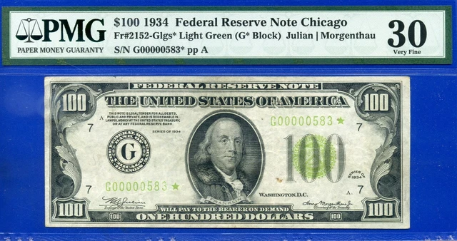 1934 $100 Federal Reserve Note PMG 30 Chicago light green seal star low serial