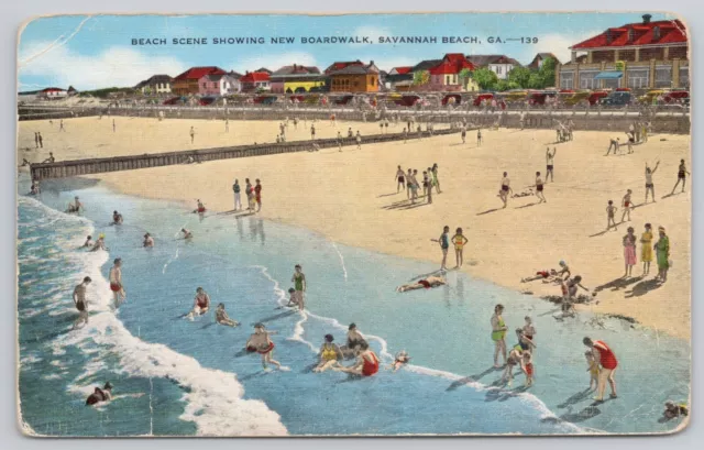 Vtg Post Card Beach Scene Showing New Boardwalk, Savannah Beach, GA B242