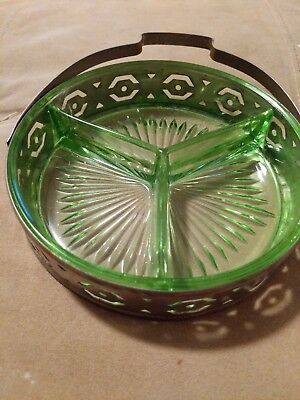 Vintage 1930's Vaseline Uranium Depression Glass Relish Tray w Handled Basket