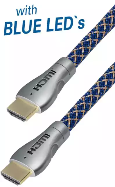 High Speed HDMI Kabel m. Ethernet 4K UHD 3D Gold/Blau m. blauen LEDs 0,5m - 7,5m