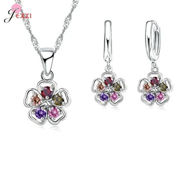 925 Sterling Silver Cubic Zirconica 5 Crystal Pendant Necklace Earring Set  *UK*