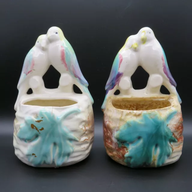 Pair of Vintage Ceramic Bird Wall Pocket Hanging Vase Planter Japan Art Pottery