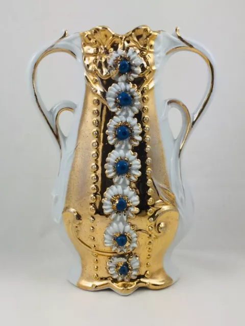 Urn Handled White Porcelain Bud Vase - Gold Flashed - White Flowers Blue Centers