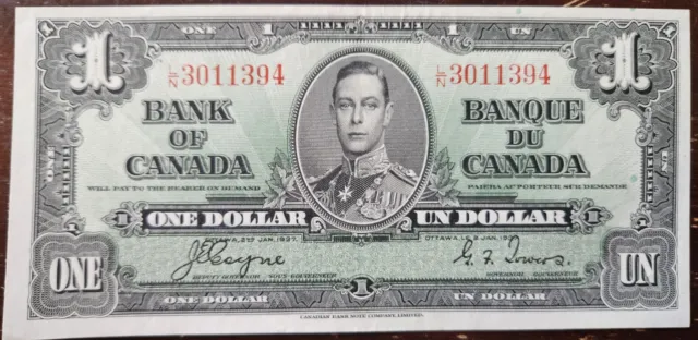 1937 Bank of Canada $1 (Dollar) Paper Money Canadian EF