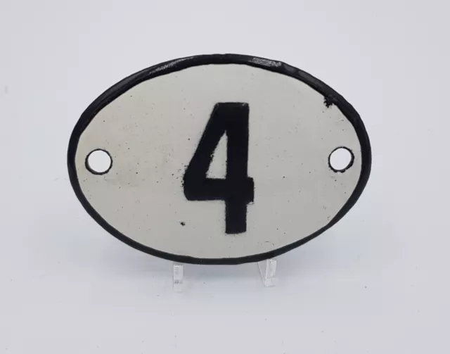 Vintage Enamel Sign Number 4 White House Door Plate Metal Porcelain Tin Oval