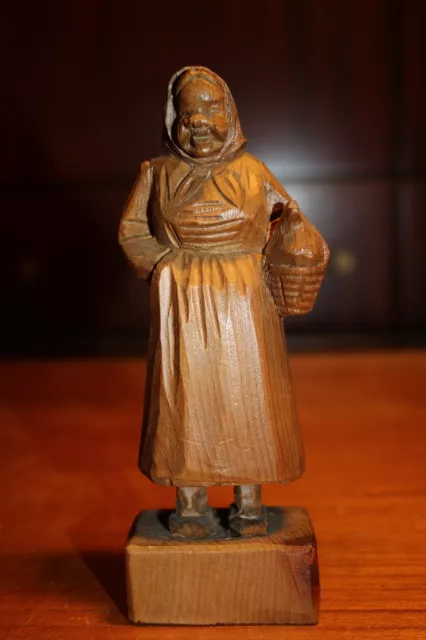 Antique 6" Wood Hand Carved Carving Old Woman Chicken Statue Figure German Gift