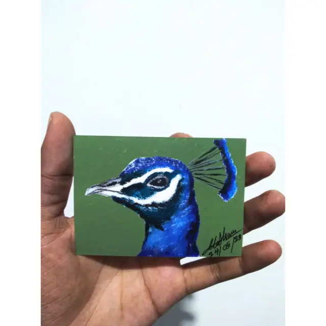 Bird "Peacock" Original Acrylic Hand Painted ACEO Mini Art Card Signed OOAK