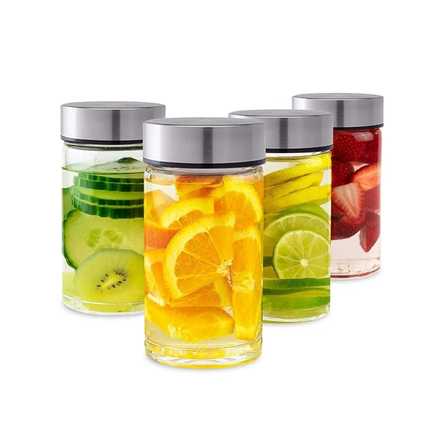 Juice Bottles - 4 Pack Wide Mouth Glass Bottles with Lids - for Juicing, Smoo...