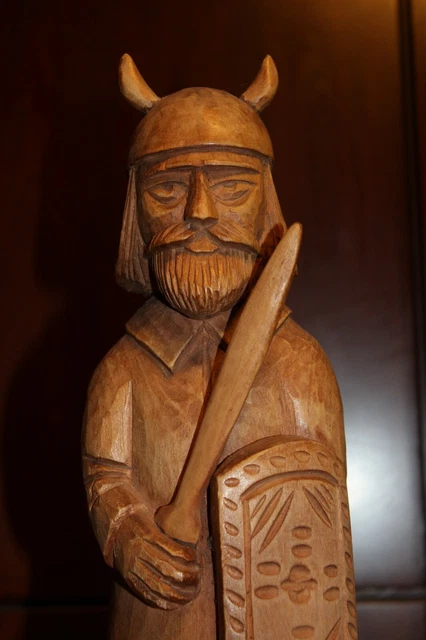 Antique 12.8" Wood Carving Hand Carved Nordic Vikings Sword Shield Statue Figure