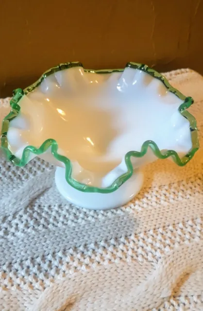 Fenton Glass Emerald Crest Compote Footed Candy Dish Green Ruffled Edge 2