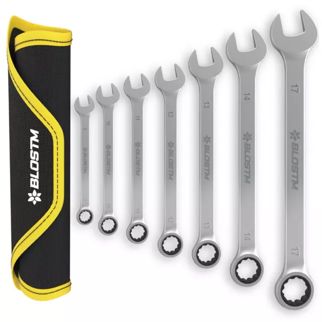 BLOSTM 7PC Ratcheting Combination Wrench Spanner Set Metric 8mm to 17mm