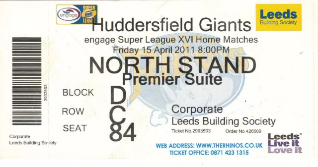 Ticket - Leeds Rhinos v Huddersfield Giants 15.04.2011