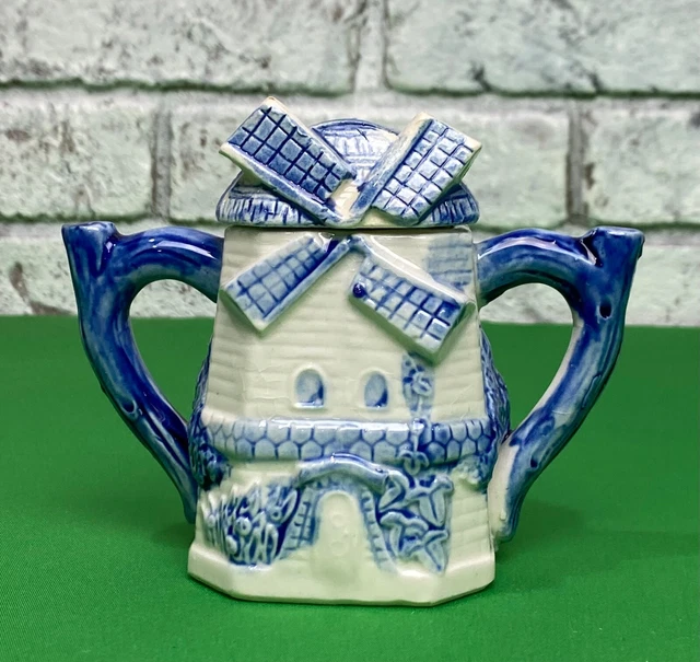 Vintage Porcelain Danish Blue & White Windmill Sugar Bowl w/Lid Made in Japan