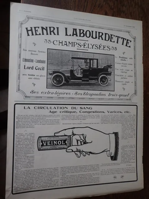 LABOURDETTE Henri automobile + VEINOL publicité papier ILLUSTRATION 1912