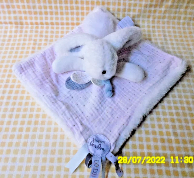 🐞/ Happy Doudou Et Compagnie Lapin Lange Rose Fourrure Blanc Pois Dore 27/27Cm