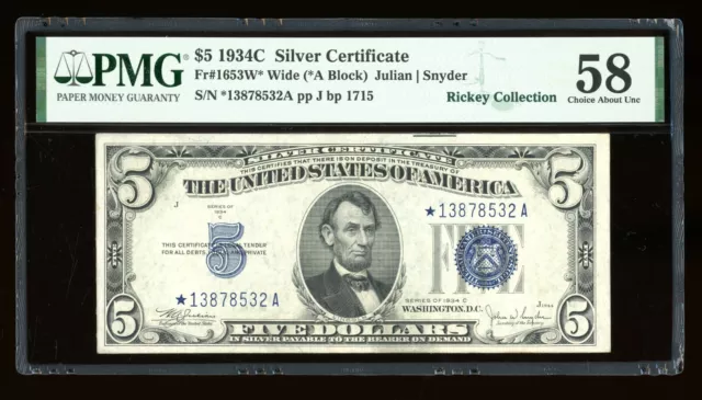 DBR $5 1934-C Silver STAR Fr. 1653W* Wide PMG 58 Serial *13878532A