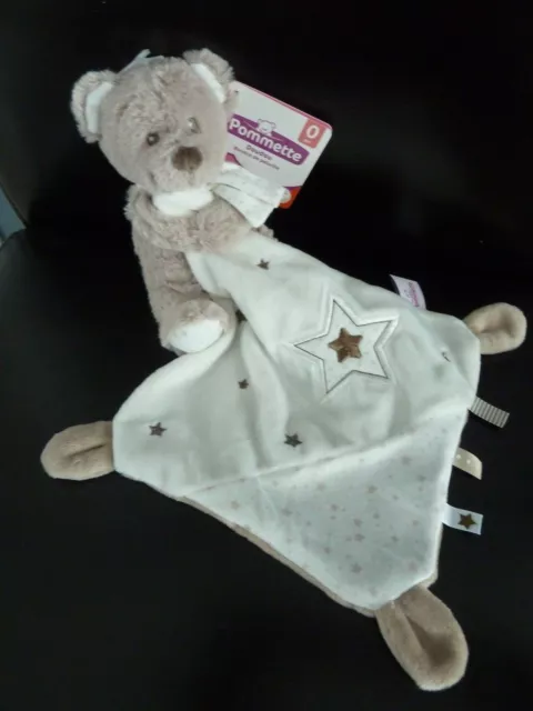 913. Doudou Peluche Pommette Ours Beige Taupe Mouchoir Blanc Etoile Neuf