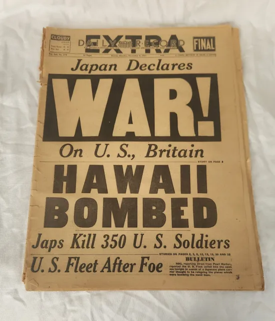 Periódico extra de Boston del ataque a Pearl Harbor Japón declara la guerra registro diario