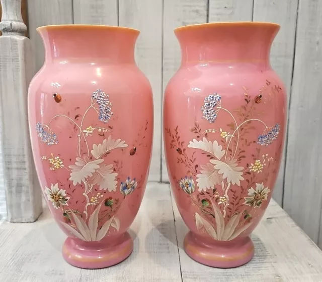 2 Antique Bristol Vase Pink Milk Glass Hand Painted Flowers Ladybug Hand Blown