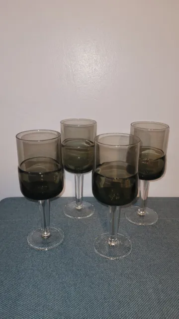 Pier 1 MCM Style Double Dip Hand Blown Goblets Smokey Green Clear Stem Set Of 4
